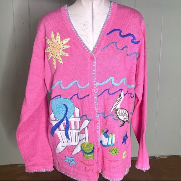 Quacker Factory Beach Ocean Lake Vacation Ugly Sweater Whimsical Quirky Cardigan - Picture 1 of 7